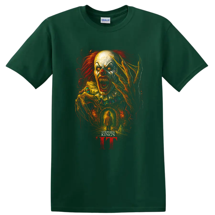 Pennywise horror clown artwork with Stephen King's IT text on a black T-shirt on a Forest Green T Shirt