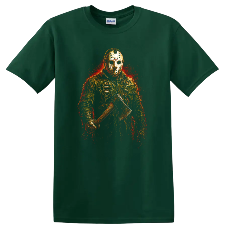 Fiery masked slasher holding an axe, Friday the 13th horror style T shirt on a Forest Green T Shirt