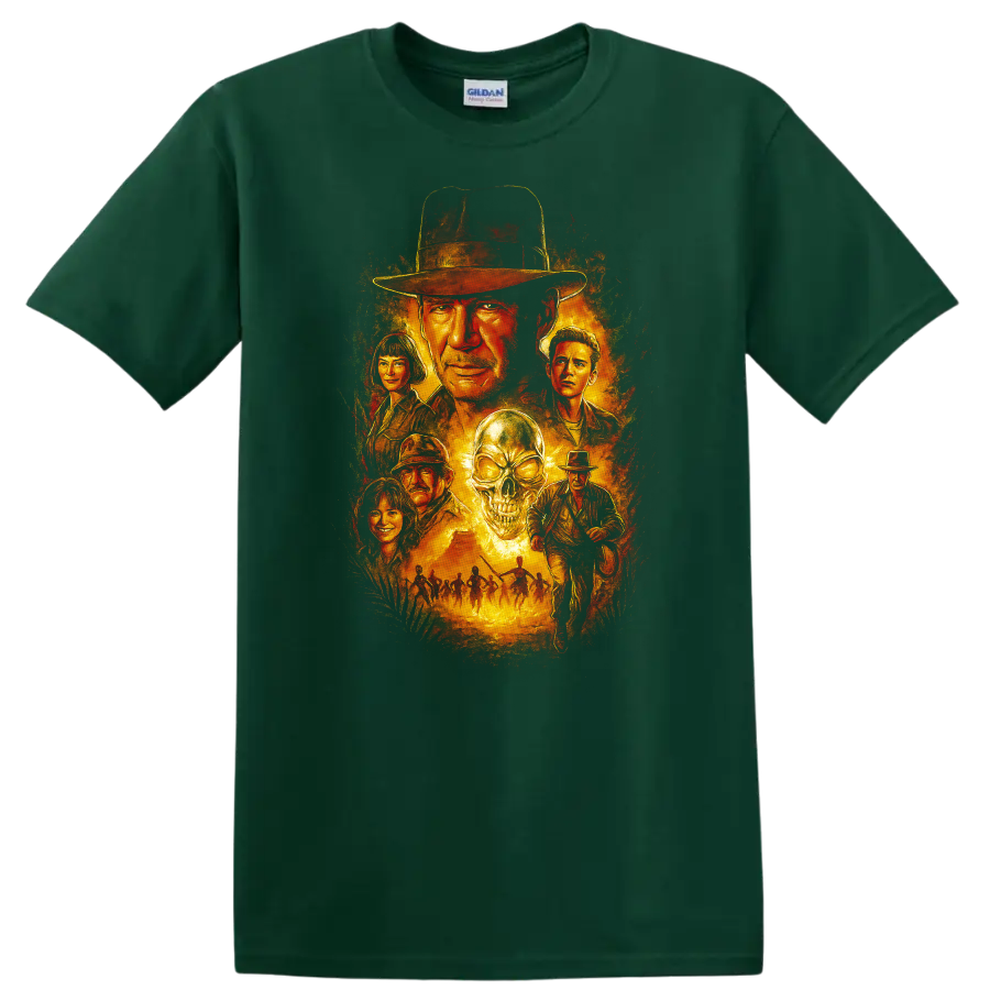 Vintage The Great Gatsby movie art with fiery portrait collage and skull graphic on a T - Forest Green