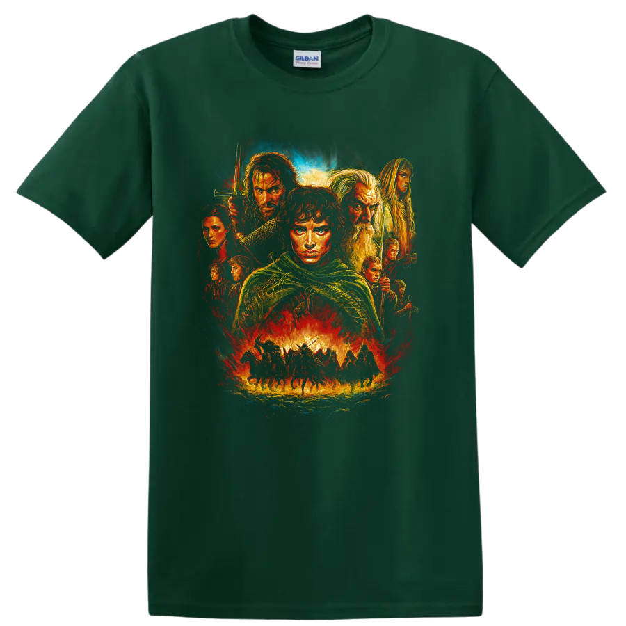 The Lord of the Rings fantasy character collage with dramatic painted movie artwork T shirt on a Forest Green T Shirt