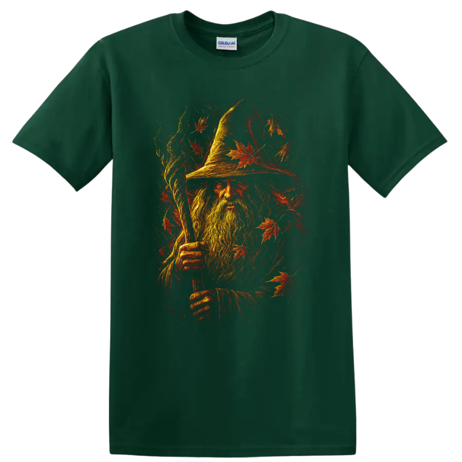Wizard portrait surrounded by fiery autumn leaves graphic T Shirt on a Forest Green T Shirt