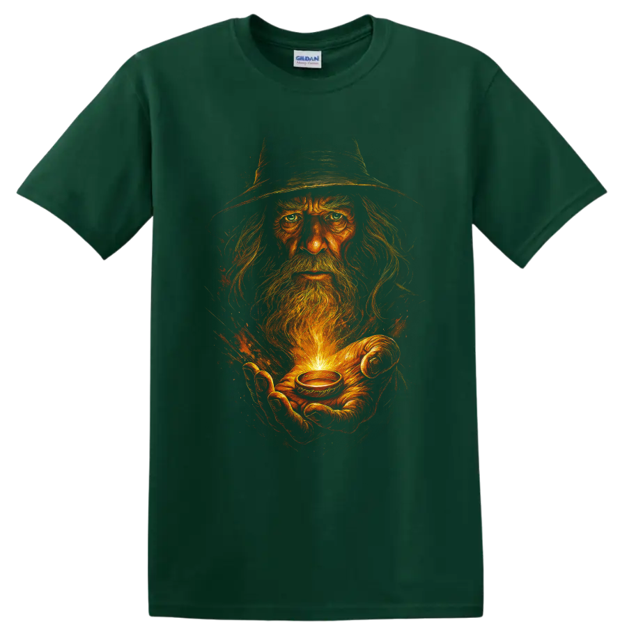Fiery wizard holding a glowing ring fantasy graphic T shirt on a Forest Green T Shirt