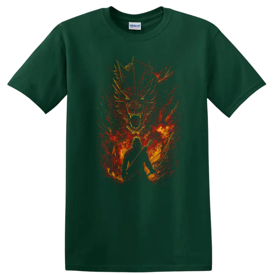 Fiery Game of Thrones dragon and warrior fantasy graphic T Shirt on a Forest Green T Shirt