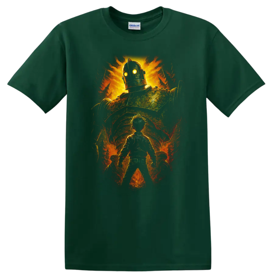 The Iron Giant glowing movie art design with giant robot and child, T shirt on a Forest Green T Shirt