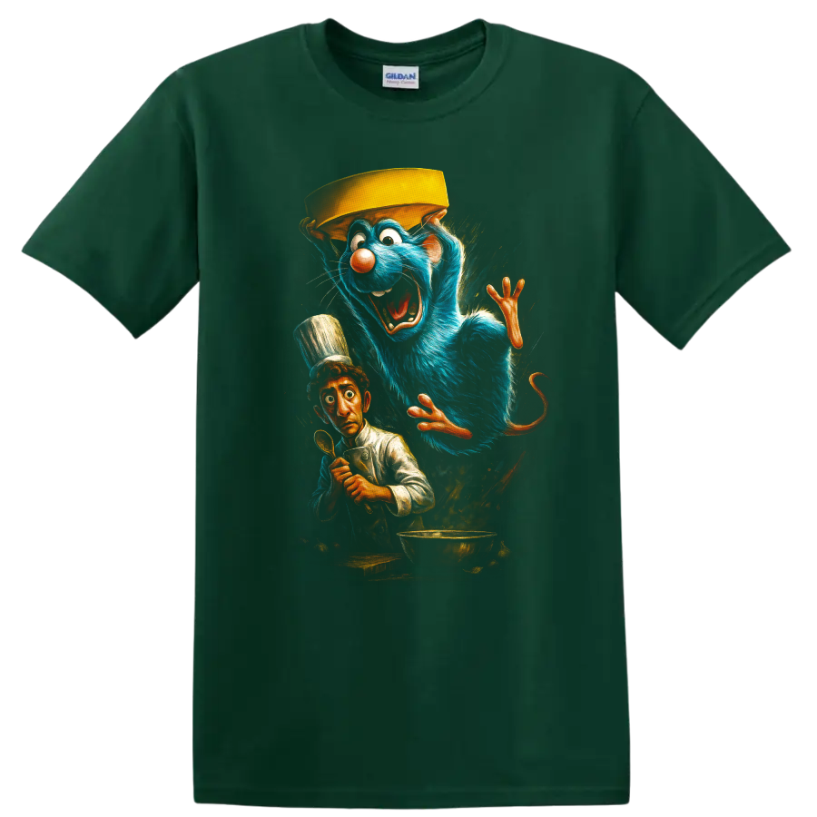 Animated blue rat chef and startled cook Ratatouille inspired T Shirt graphic on a Forest Green T Shirt
