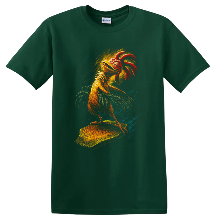 Rooster surfing artwork with bold retro colors on a T shirt on a Forest Green T Shirt