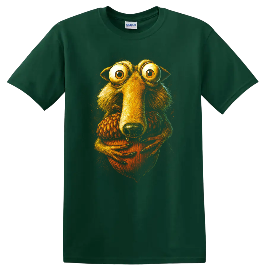 Wide-eyed Scrat holding an acorn, Ice Age character art T-shirt design on a Forest Green T Shirt