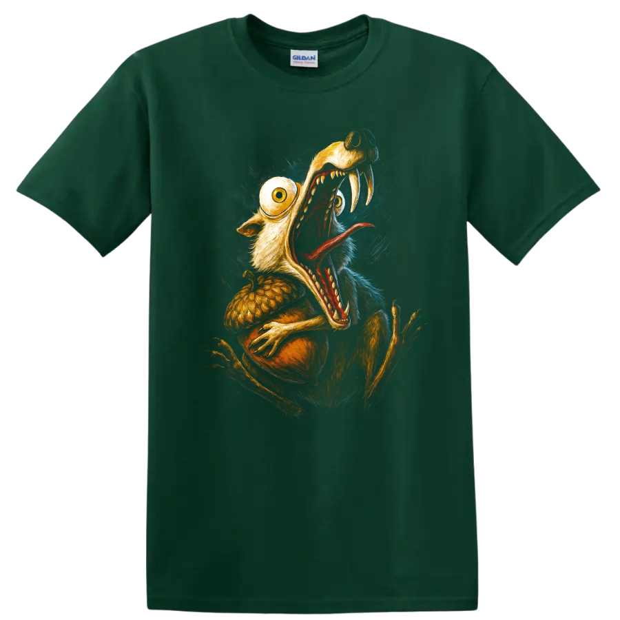 Scrat from Ice Age screaming with oversized eyes and sharp teeth graphic T shirt on a Forest Green T Shirt