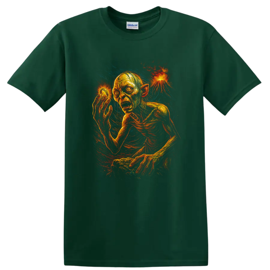 Fiery Gollum horror-style fantasy art on black T shirt on a Forest Green T Shirt