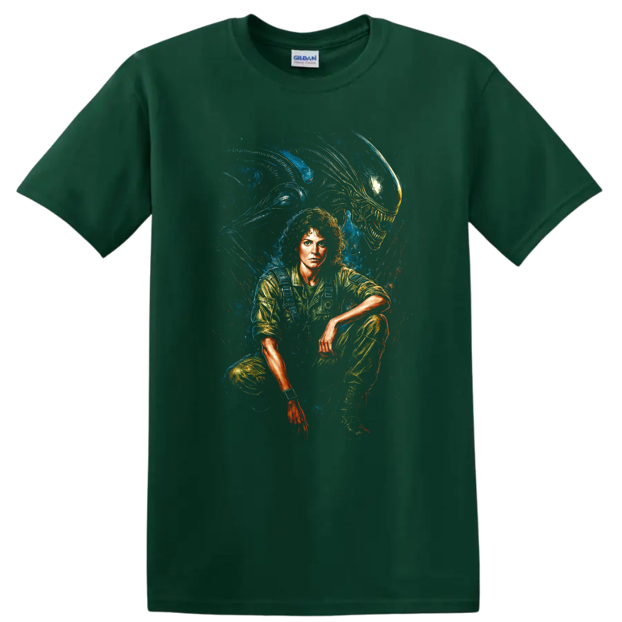 Alien movie inspired portrait with xenomorph creature in dramatic sci-fi horror style T-shirt on a Forest Green T Shirt