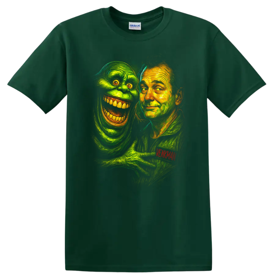 Ghostbusters-inspired portrait of Venkman with a grinning green ghost T shirt on a Forest Green T Shirt