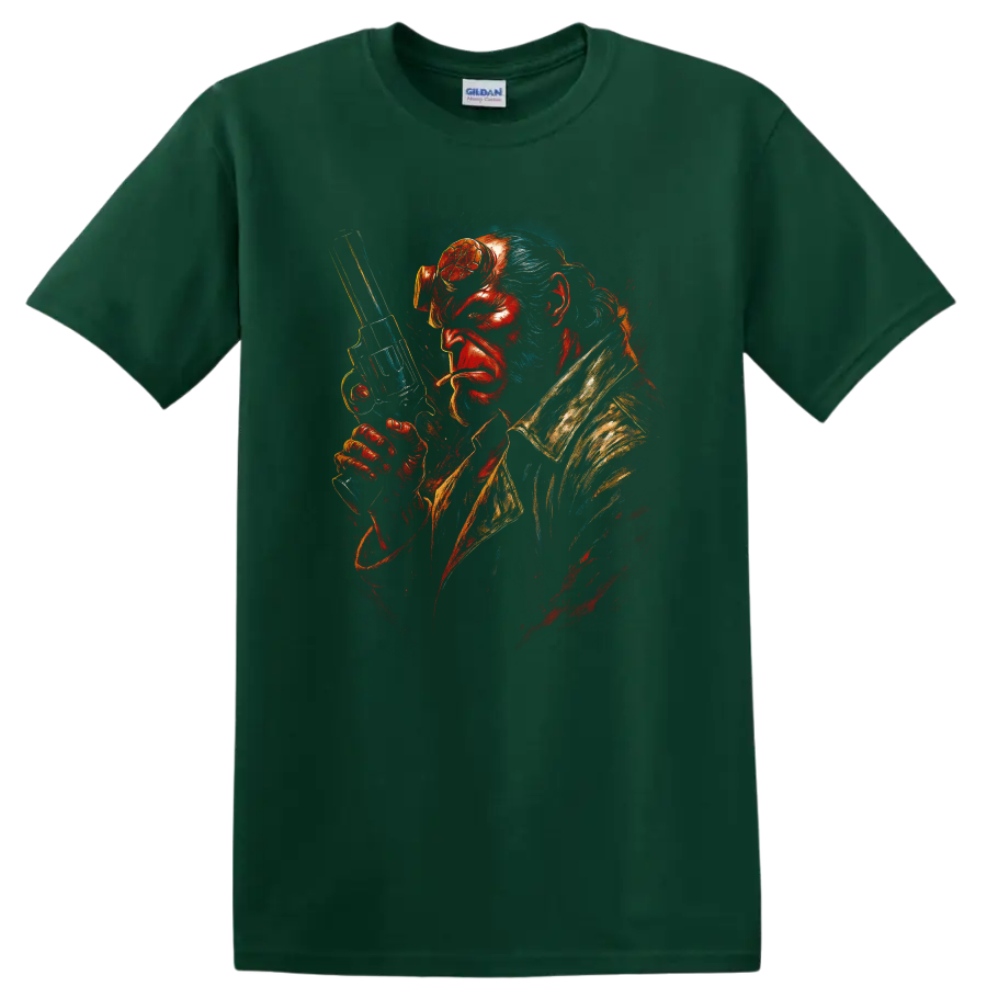 Hellboy dramatic portrait holding revolver graphic T shirt on a Forest Green T Shirt