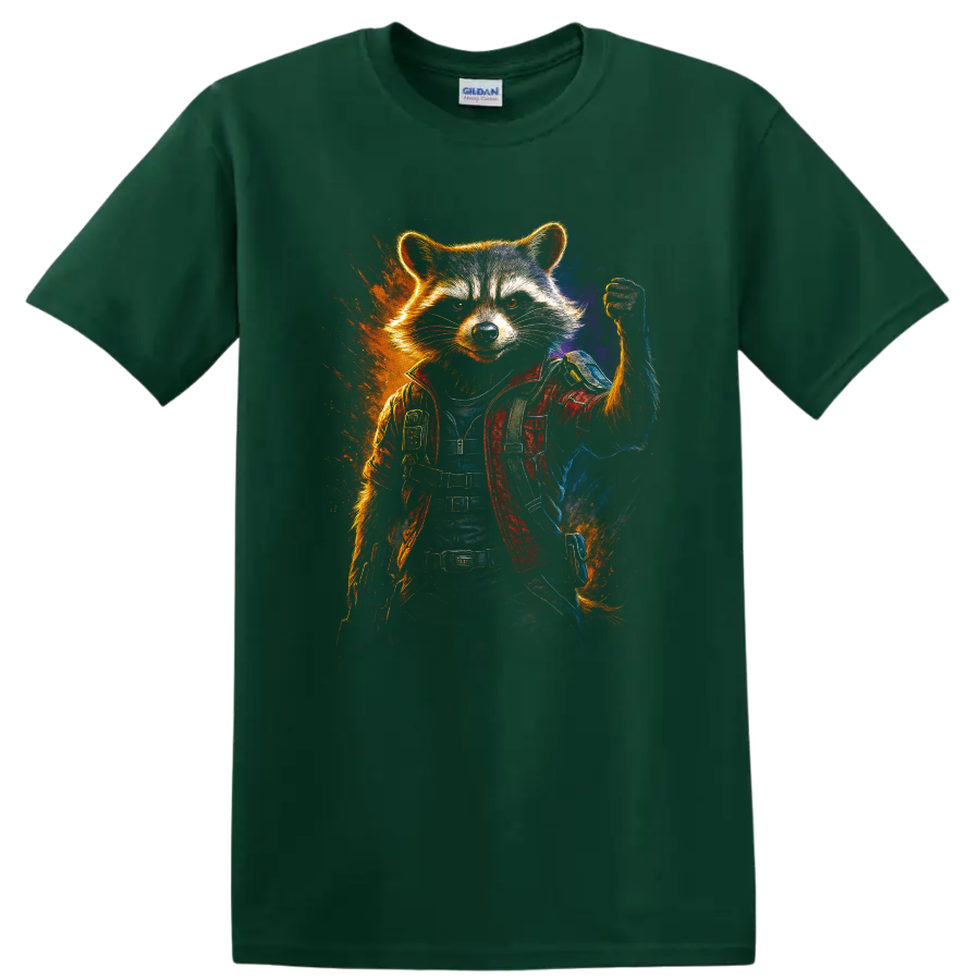 Guardians of the Galaxy inspired Rocket Raccoon hero in action pose T Shirt on a Forest Green T Shirt