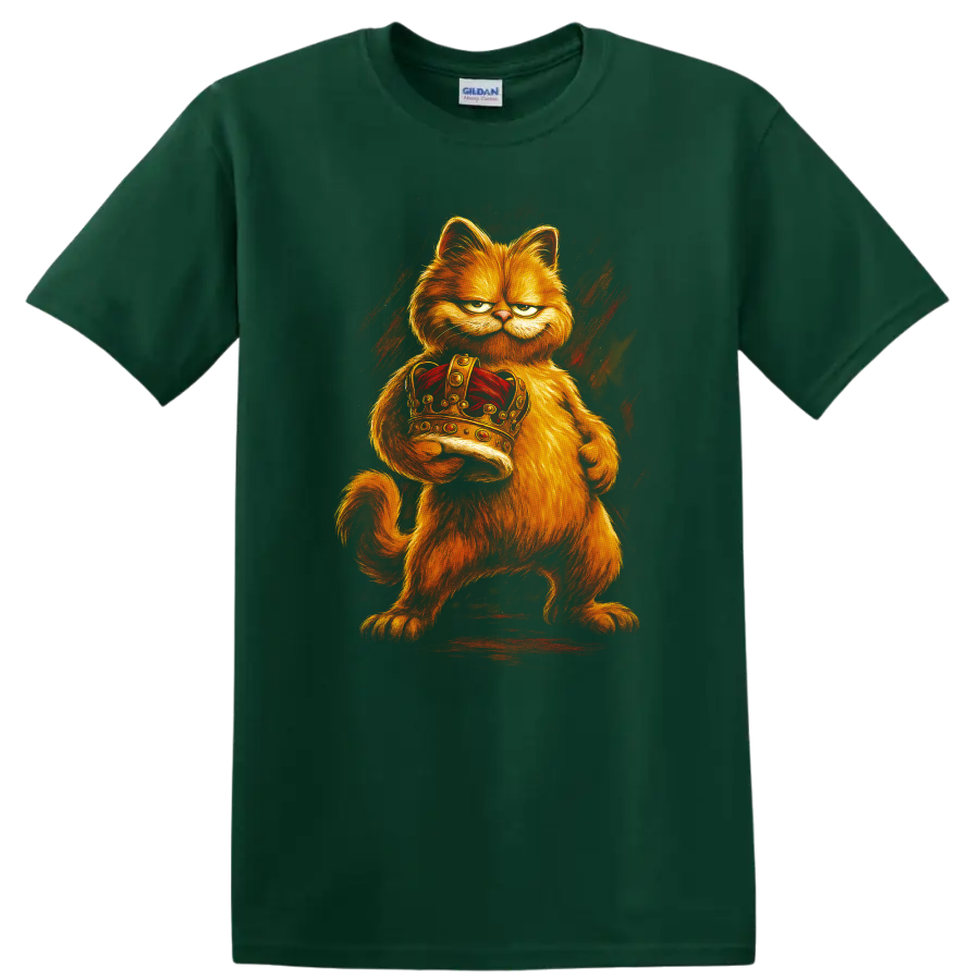Angry orange Garfield-inspired cat holding a jeweled crown on a black T shirt on a Forest Green T Shirt