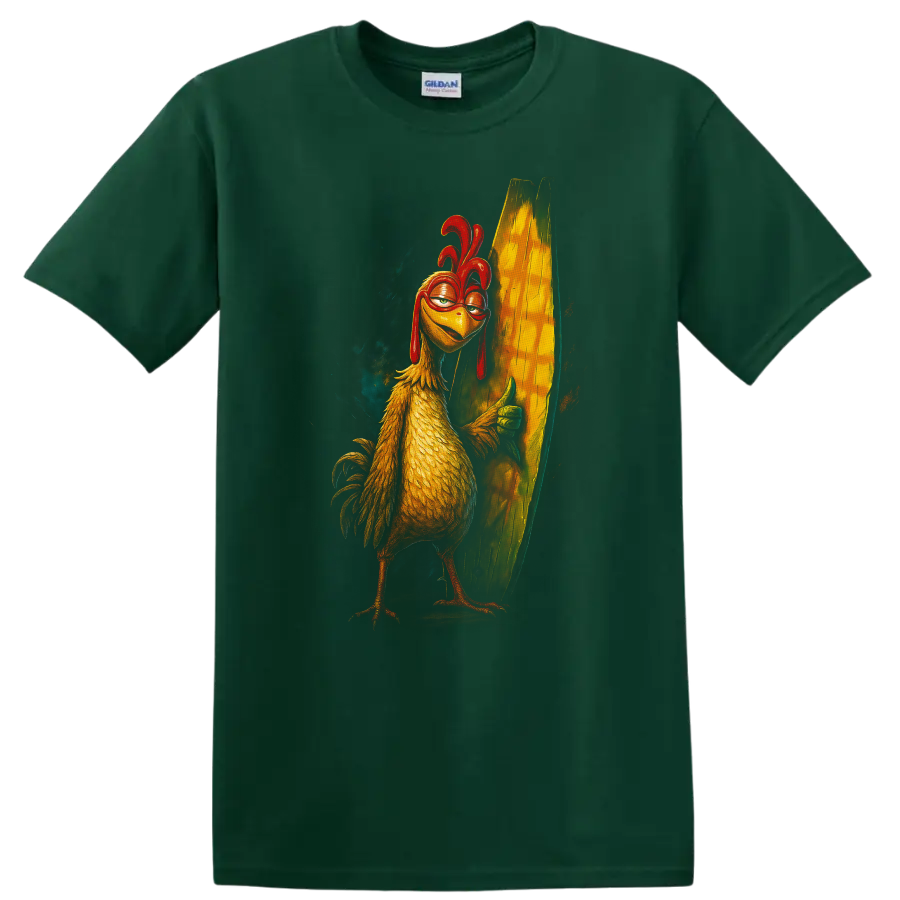 Surf's Up inspired chicken surfer holding a surfboard graphic T-shirt on a Forest Green T Shirt