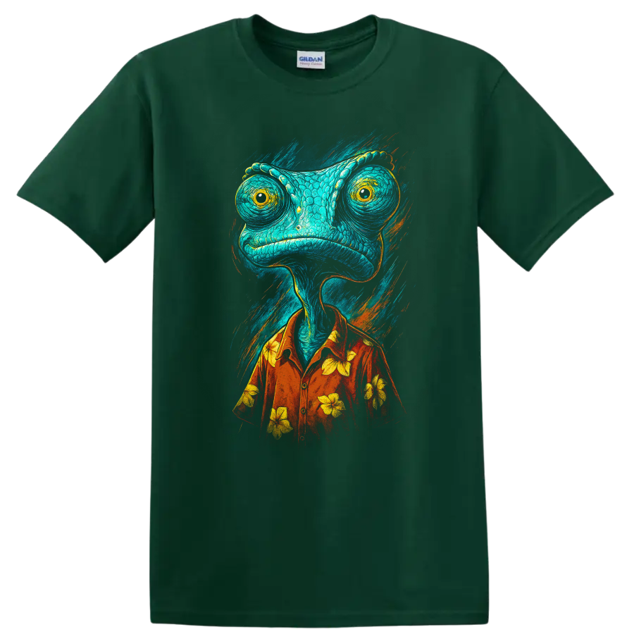 Colorful chameleon character in red Hawaiian shirt, Rango-inspired graphic T shirt on a Forest Green T Shirt