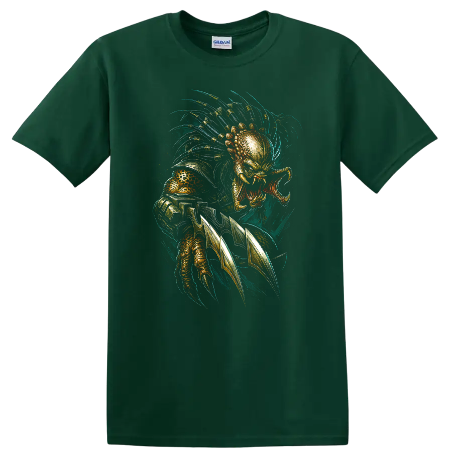 Predator-inspired alien hunter graphic with claws, armor detail, and dramatic sci-fi design on T on a Forest Green T Shirt