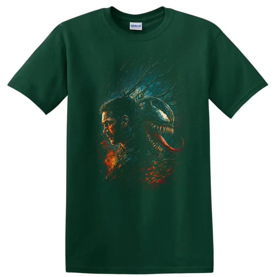 Venom-inspired symbiote portrait graphic T-shirt with dark comic style on a Forest Green T Shirt