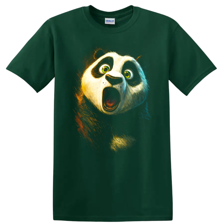 Shocked panda face graphic with wide eyes and open mouth on black T shirt on a Forest Green T Shirt