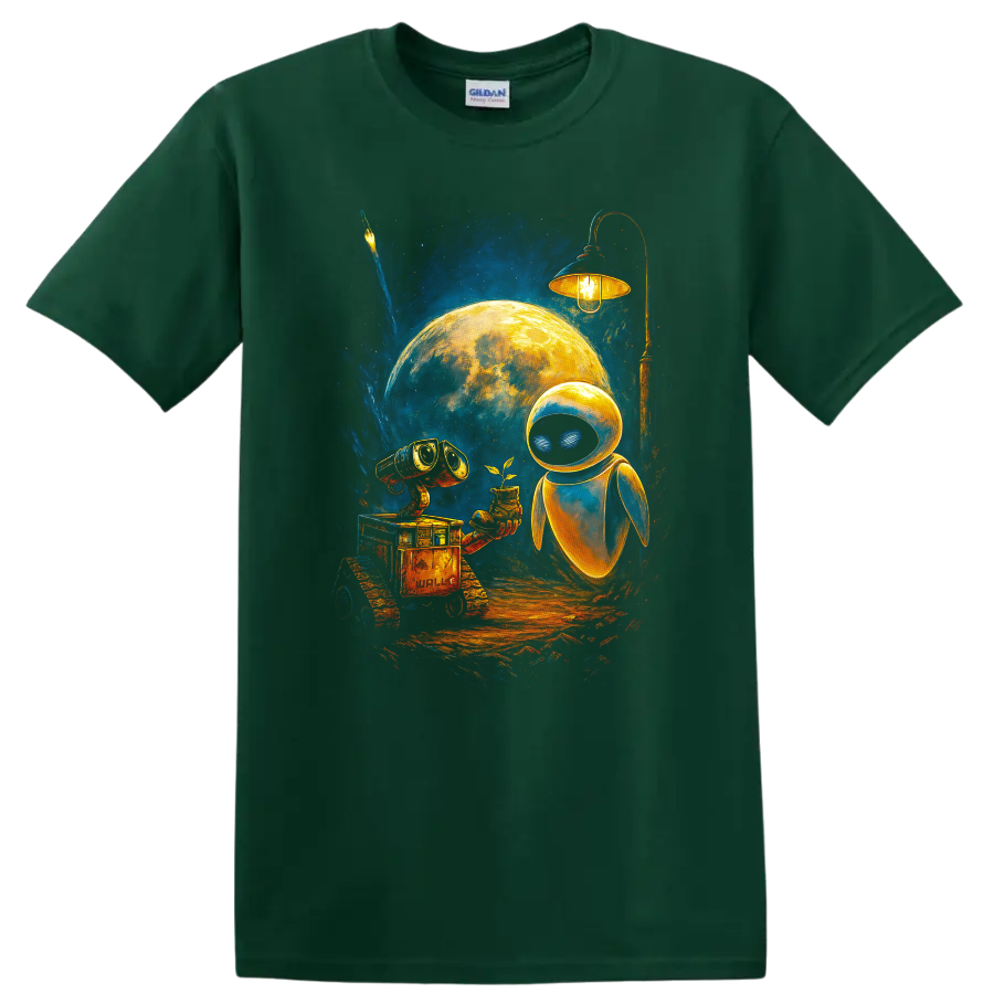 WALL-E and EVE moonlight sci fi artwork with glowing robot and plant T-shirt on a Forest Green T Shirt