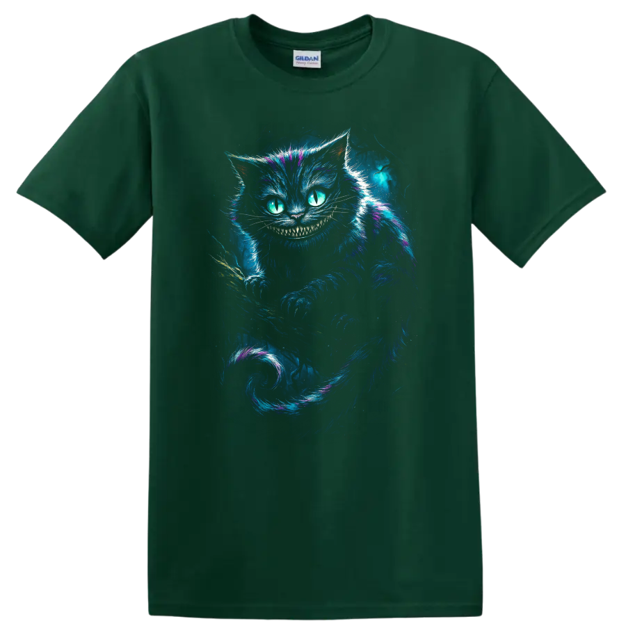 Glowing Cheshire Cat with neon grin and blue purple fantasy art T shirt on a Forest Green T Shirt