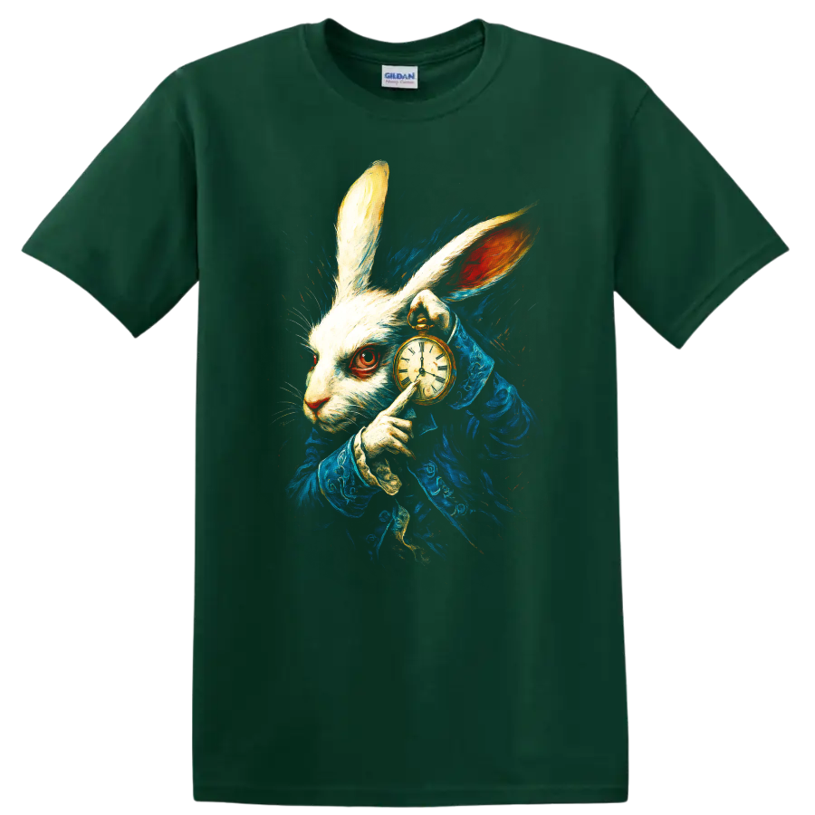 White Rabbit in blue coat holding a pocket watch, Alice in Wonderland style T shirt graphic on a Forest Green T Shirt