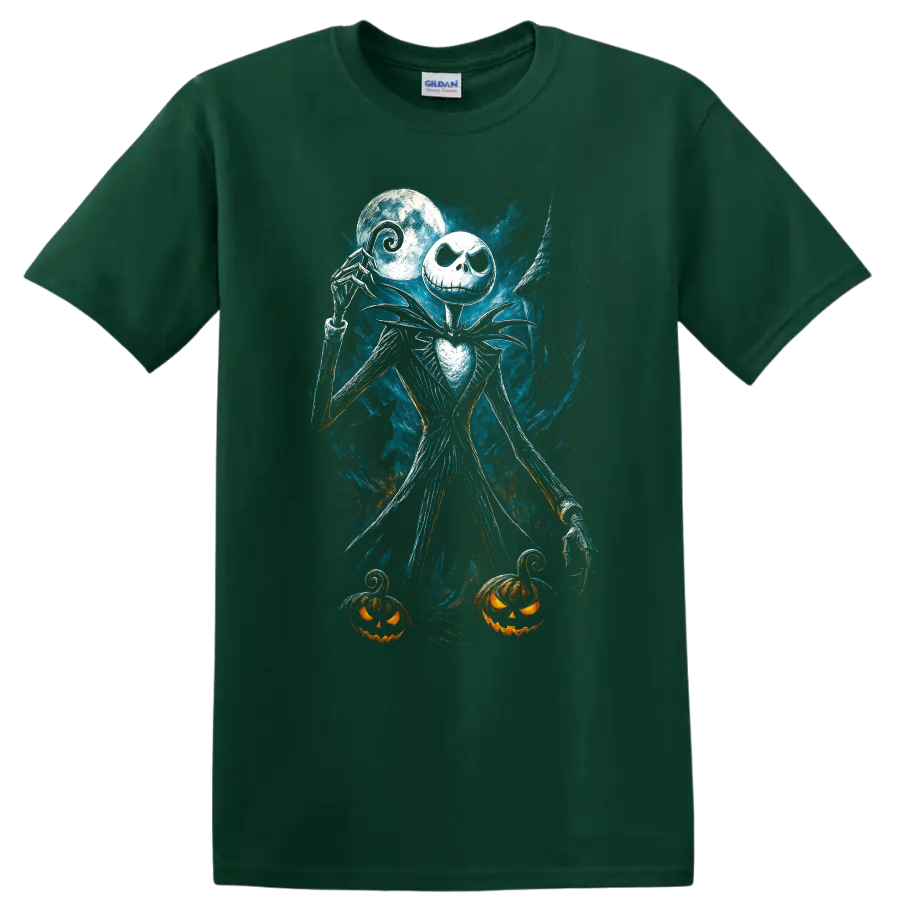 Jack Skellington-inspired gothic figure with moon and pumpkins T Shirt on a Forest Green T Shirt