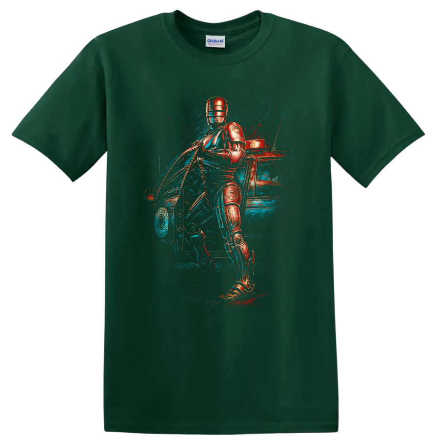 RoboCop neon sci fi artwork with armored police hero beside a car T shirt on a Forest Green T Shirt