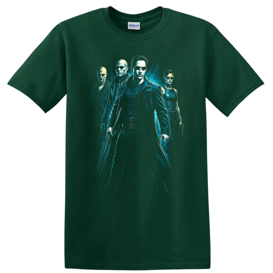 The Matrix inspired blue neon movie graphic T Shirt with four characters on a Forest Green T Shirt