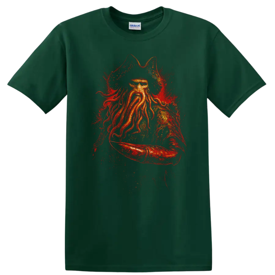Pirate captain with octopus beard in fiery red dramatic graphic T Shirt design on a Forest Green T Shirt