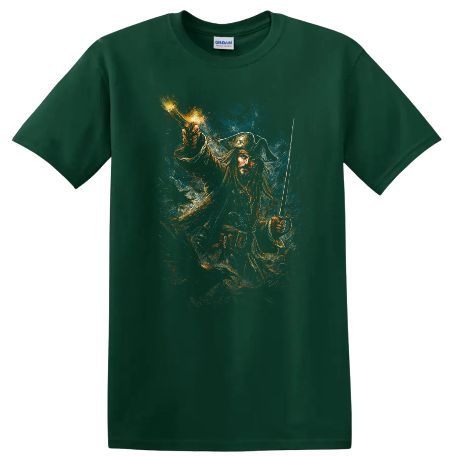 Pirate captain with raised sword in dramatic painted style, Pirates of the Caribbean T shirt on a Forest Green T Shirt