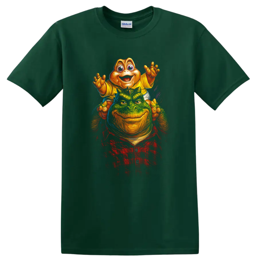 Colorful dinosaur movie monster artwork with two characters on a T shirt on a Forest Green T Shirt