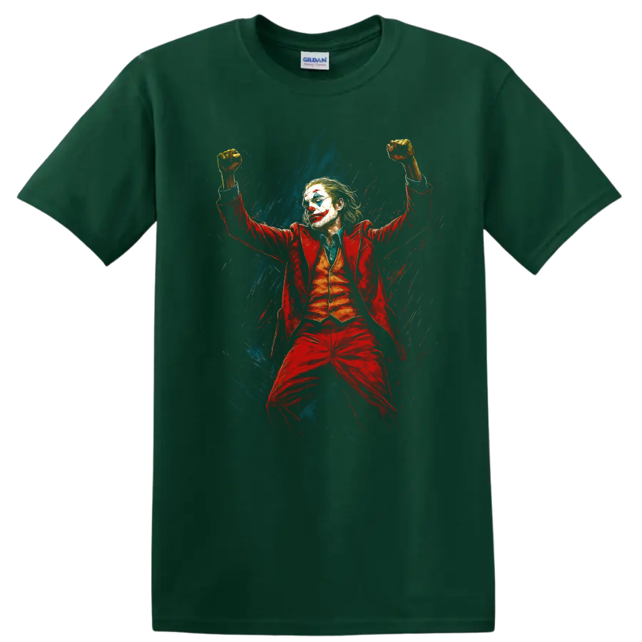 Joker-inspired clown villain in red suit with raised fists, painted dark comic style graphic T on a Forest Green T Shirt