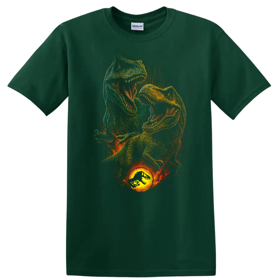 Roaring T Rex dinosaur graphic with fiery Jurassic World inspired style on T shirt on a Forest Green T Shirt