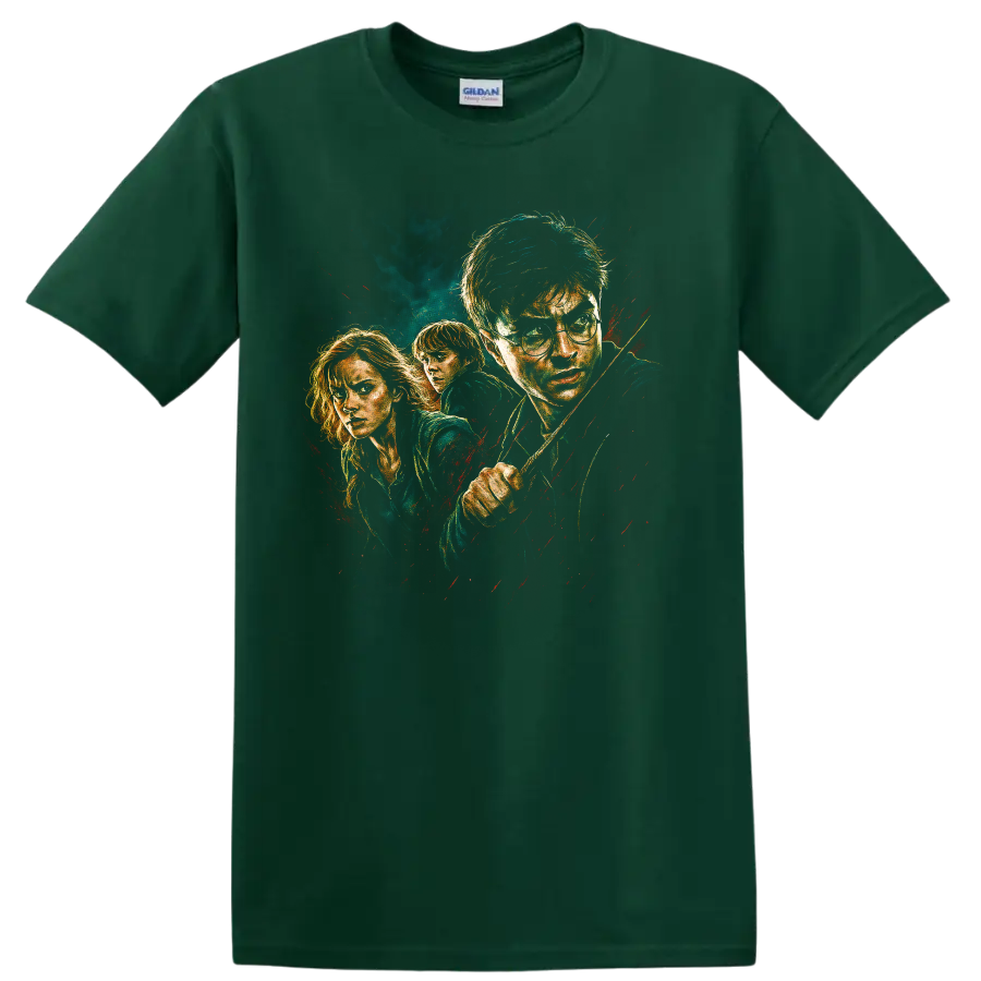 Harry Potter trio portrait movie-style graphic T shirt with dark fantasy painted artwork on a Forest Green T Shirt