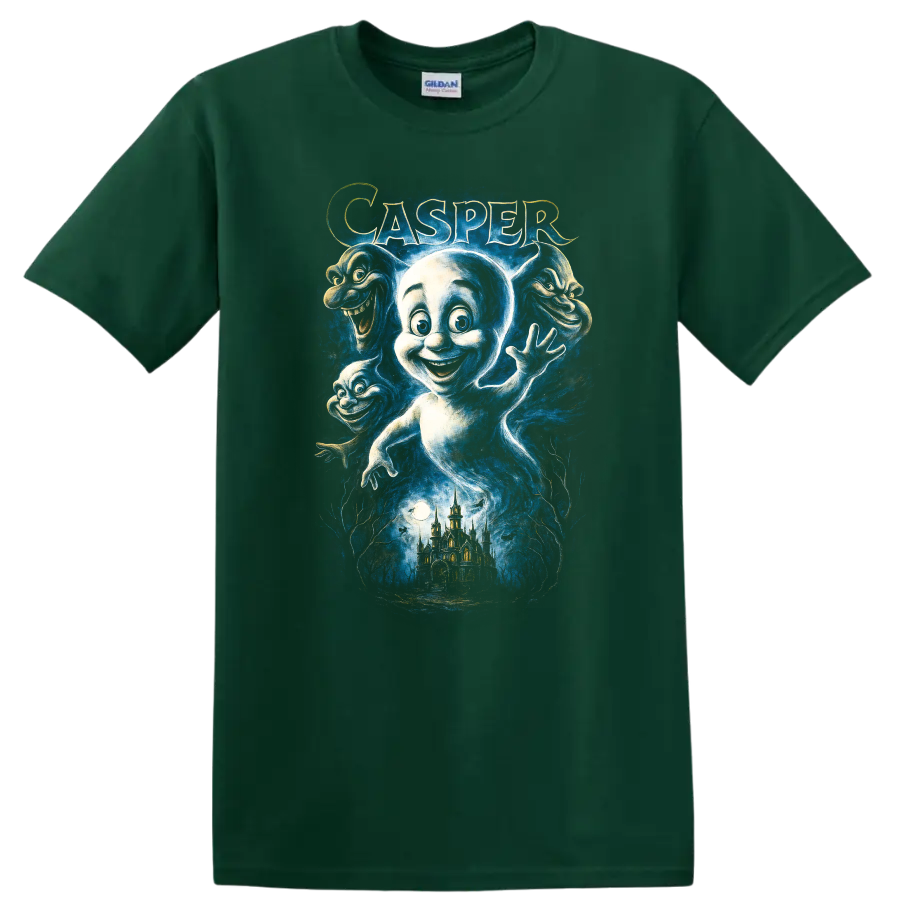 Casper ghost character graphic with spooky castle and haunted blue artwork T Shirt on a Forest Green T Shirt