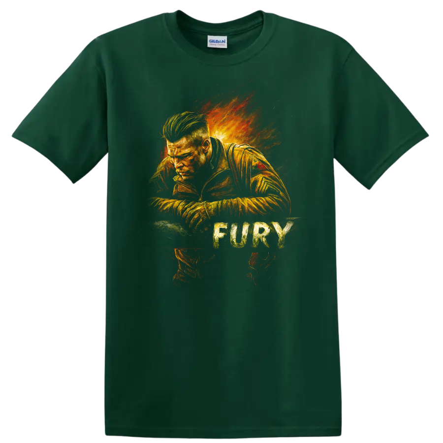 Fury-inspired fiery portrait graphic T Shirt with distressed cinematic style on a Forest Green T Shirt