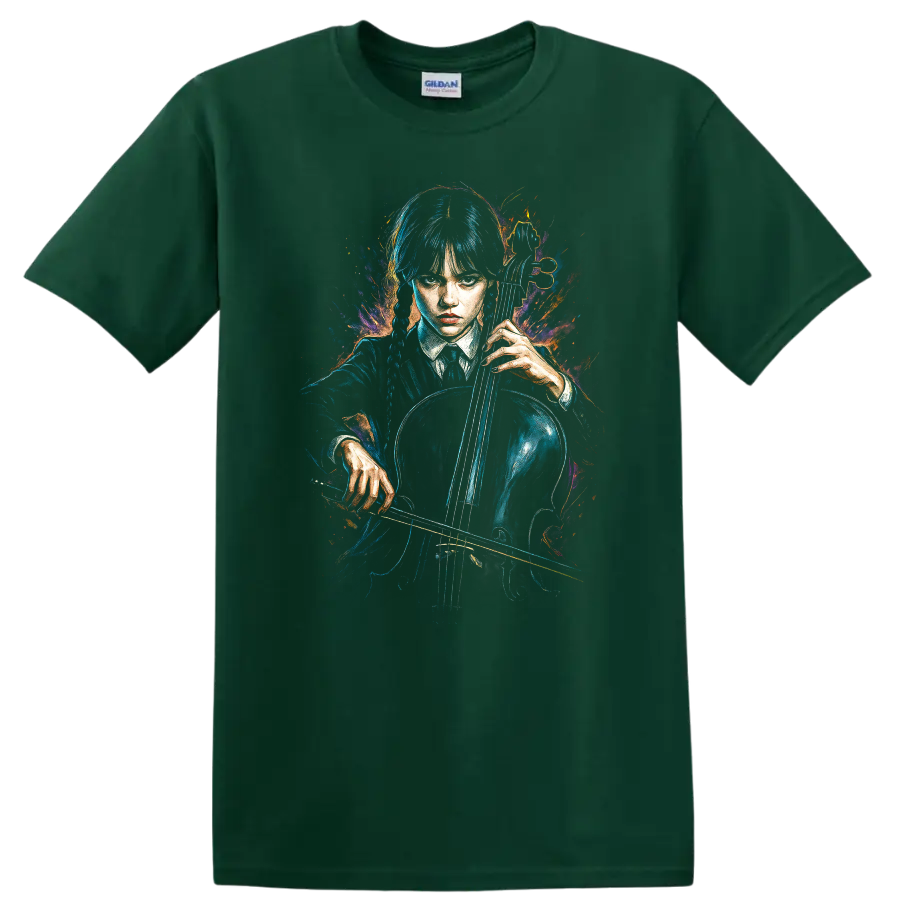 Wednesday Addams holding a cello in neon gothic painted style T Shirt on a Forest Green T Shirt