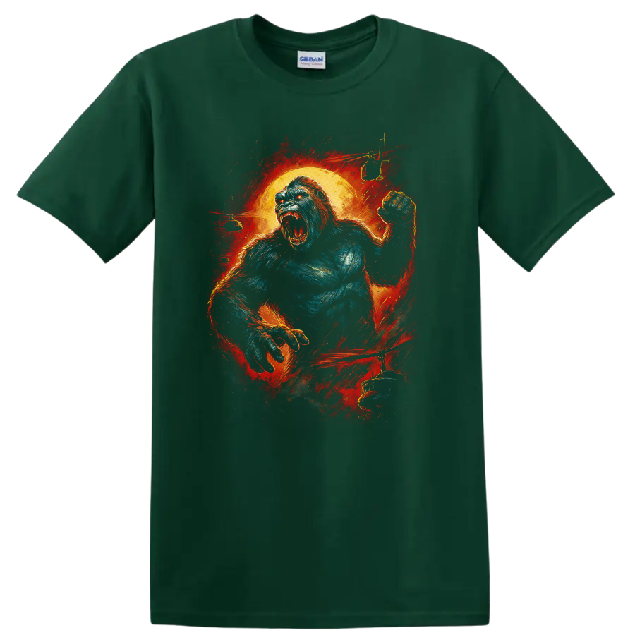 Roaring King Kong-style gorilla graphic with fiery red orange background T shirt on a Forest Green T Shirt