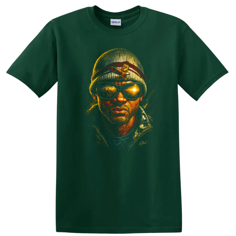 Hancock inspired painted portrait with sunglasses and beanie on black T shirt on a Forest Green T Shirt