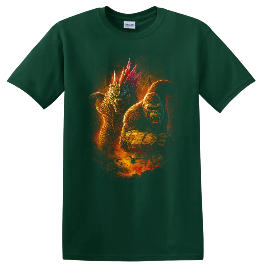 Godzilla x Kong: The New Empire monster battle graphic T Shirt with fiery creature artwork on a Forest Green T Shirt