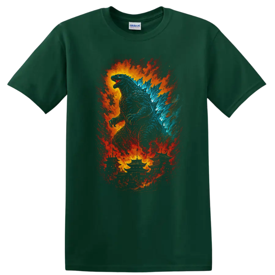 Godzilla vs. Destoroyah fiery kaiju artwork with Godzilla and explosion T Shirt on a Forest Green T Shirt