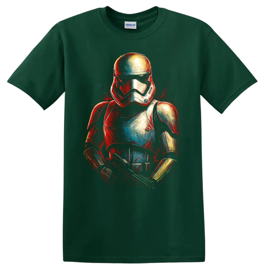 Painted Star Wars stormtrooper graphic in red, white, and blue on a black T shirt on a Forest Green T Shirt
