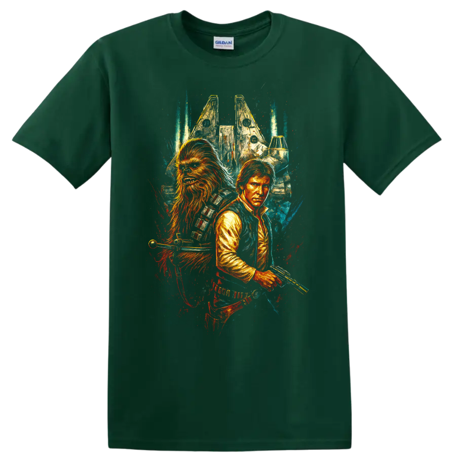 Illustrated space scoundrels duo with starship, cinematic graphic T-shirt design on a Forest Green T Shirt