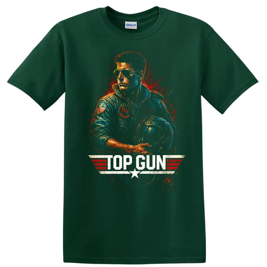 Top Gun fighter pilot in aviator sunglasses with helmet graphic T shirt on a Forest Green T Shirt