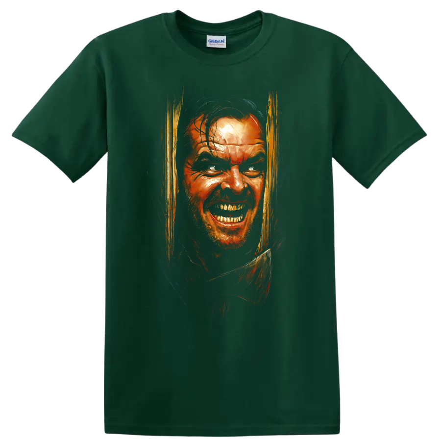 The Shining horror portrait with intense painted face artwork on a T shirt on a Forest Green T Shirt