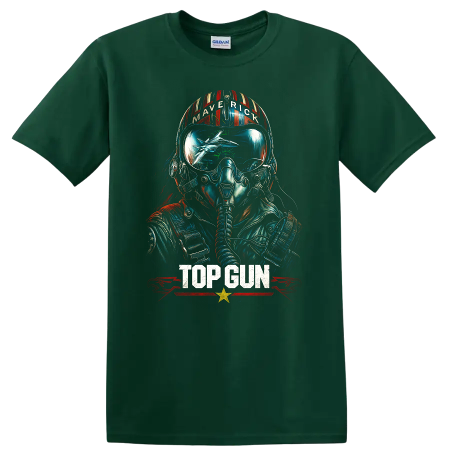 Top Gun Maverick fighter pilot helmet graphic T shirt with TOP GUN text on a Forest Green T Shirt