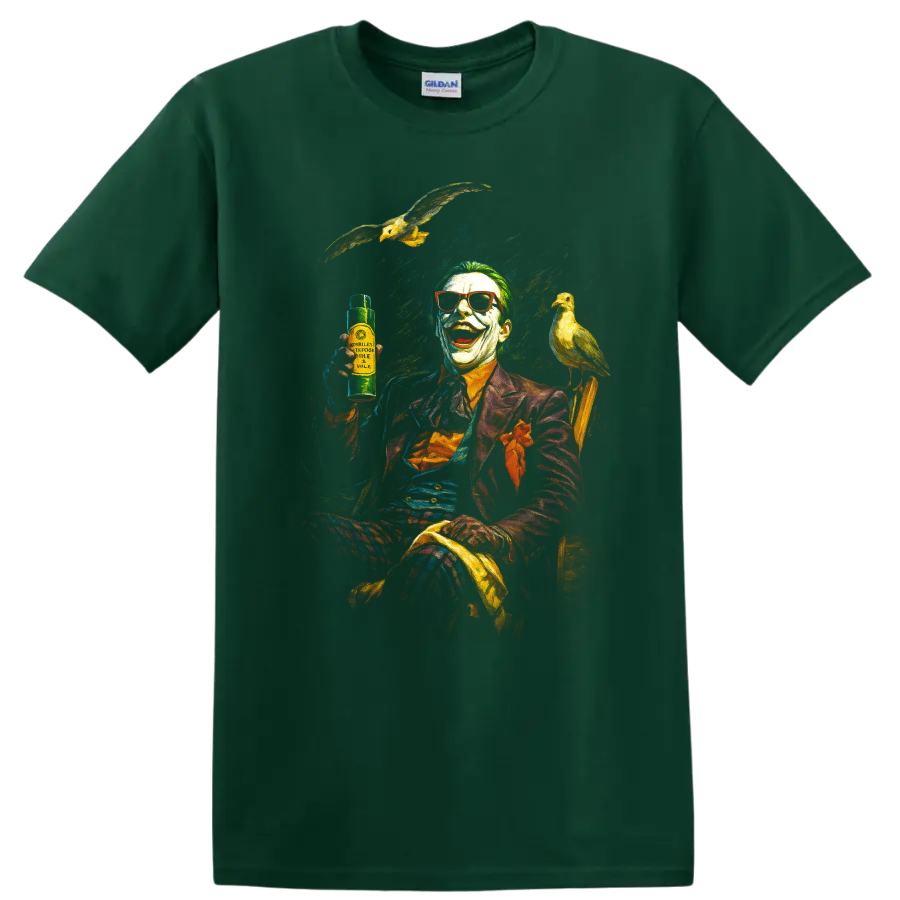 Joker inspired laughing clown artwork with birds on a black T-shirt on a Forest Green T Shirt