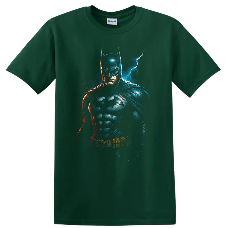 Batman comic art portrait with lightning and dramatic blue red shadows on T shirt on a Forest Green T Shirt