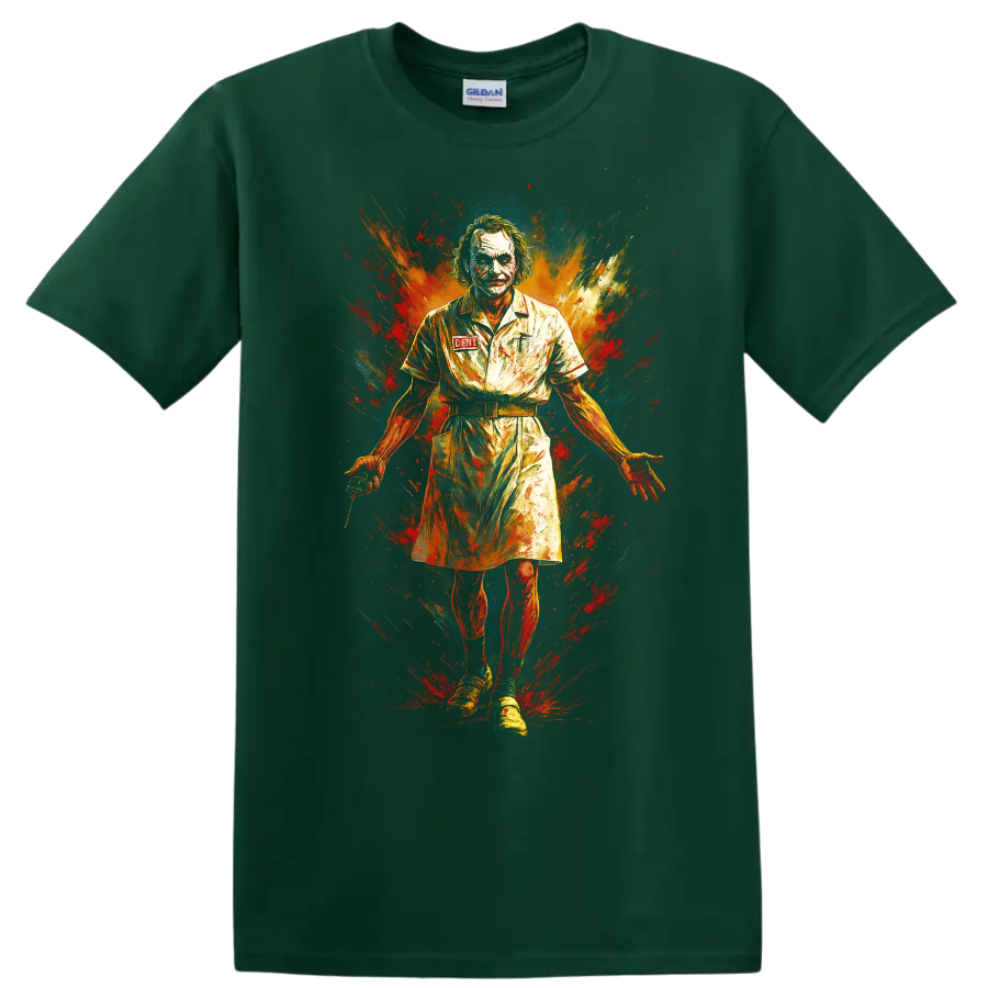 Joker-inspired graffiti portrait T Shirt with explosive red orange paint splashes on a Forest Green T Shirt